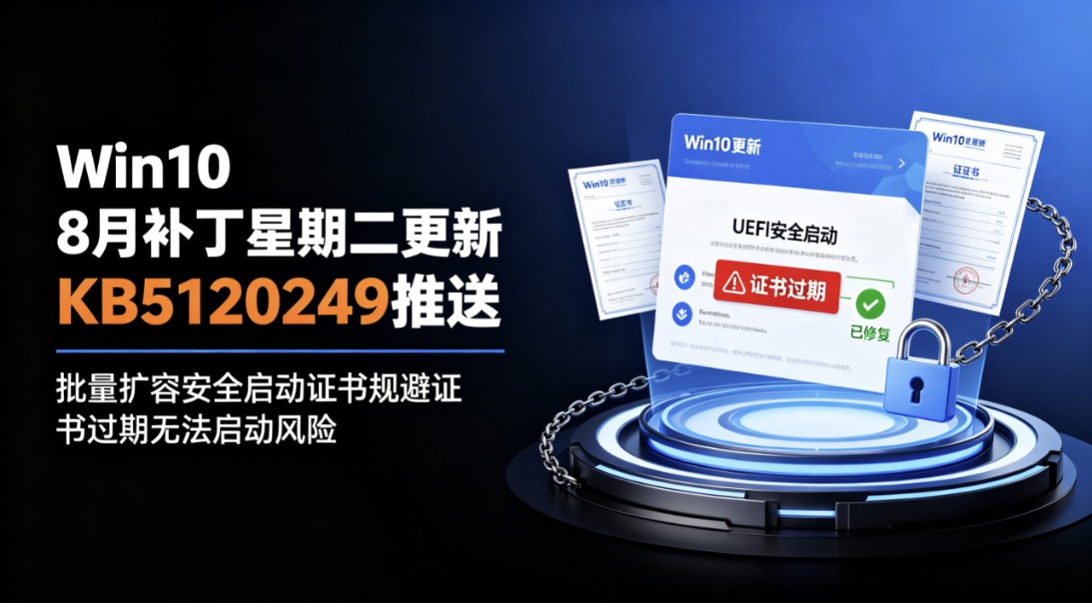 Win10 8月补丁星期二更新KB5120249推送,批量扩容安全启动证书规避证书过期无法启动风险