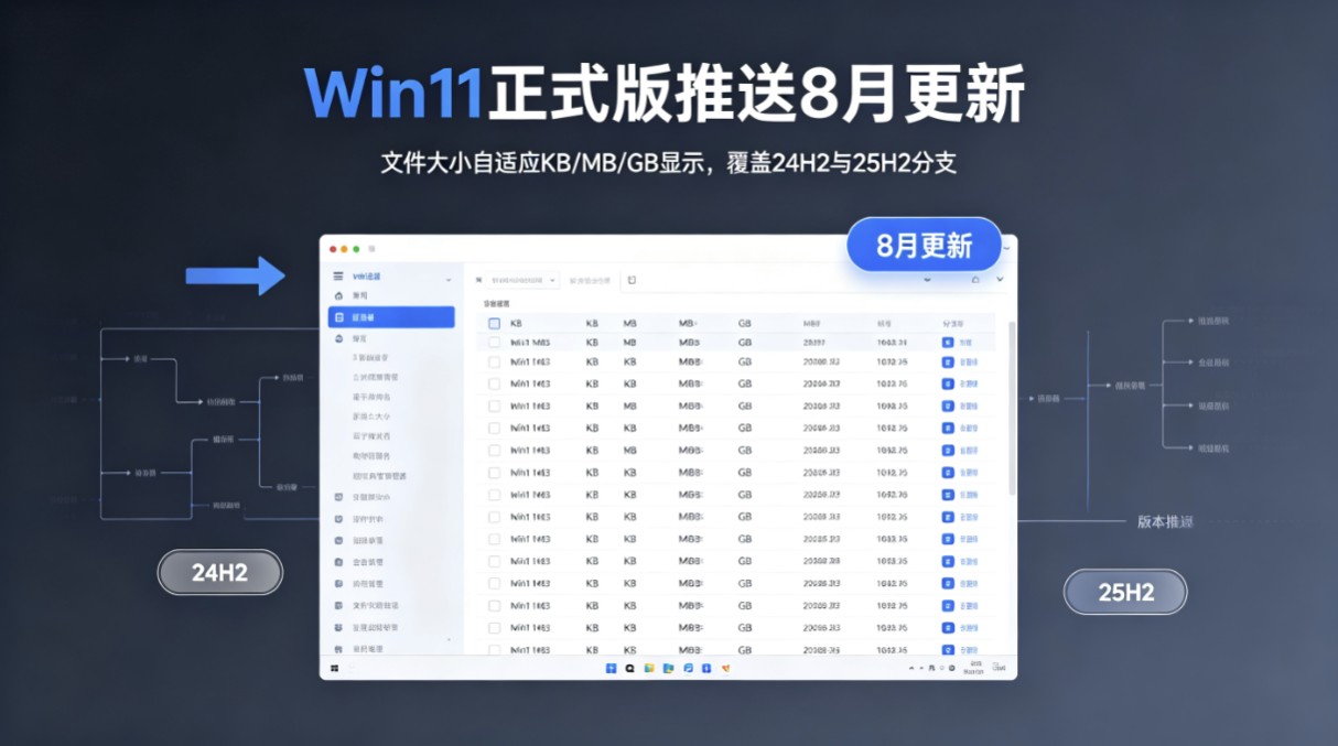 Win11正式版推送8月更新文件大小自适应KBMBGB显示,覆盖24H2与25H2分支