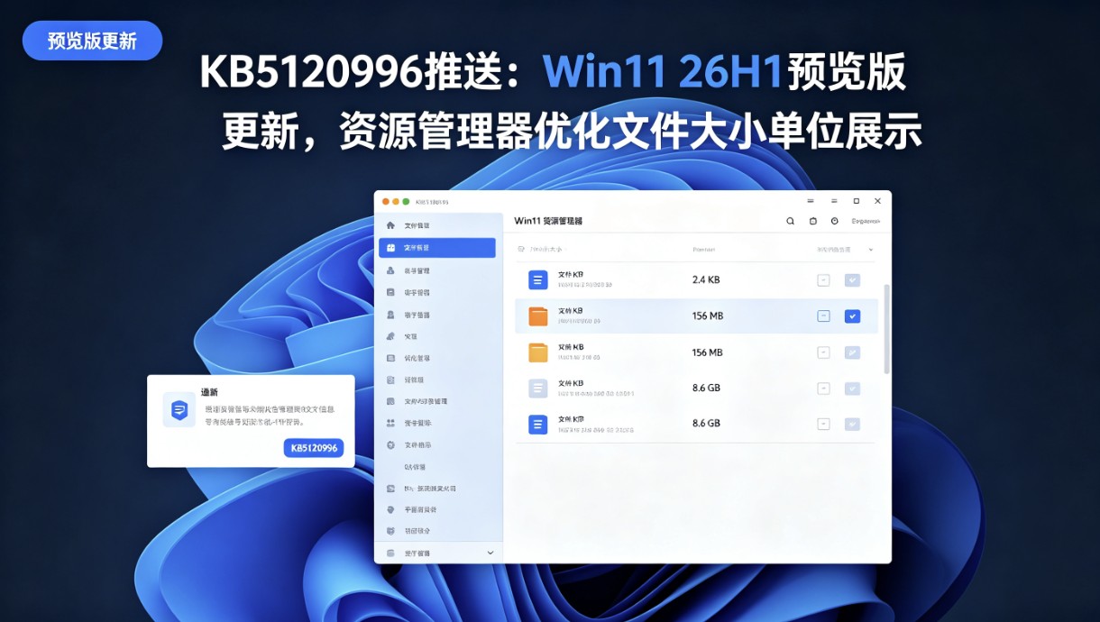 KB5120996推送:Win11 26H1预览版更新,资源管理器优化文件大小单位展示