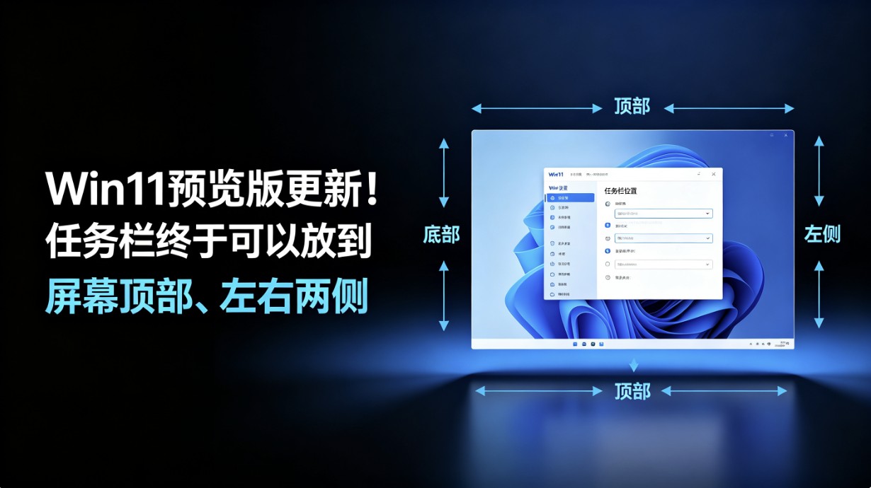 Win11预览版更新!任务栏终于可以放到屏幕顶部、左右两侧