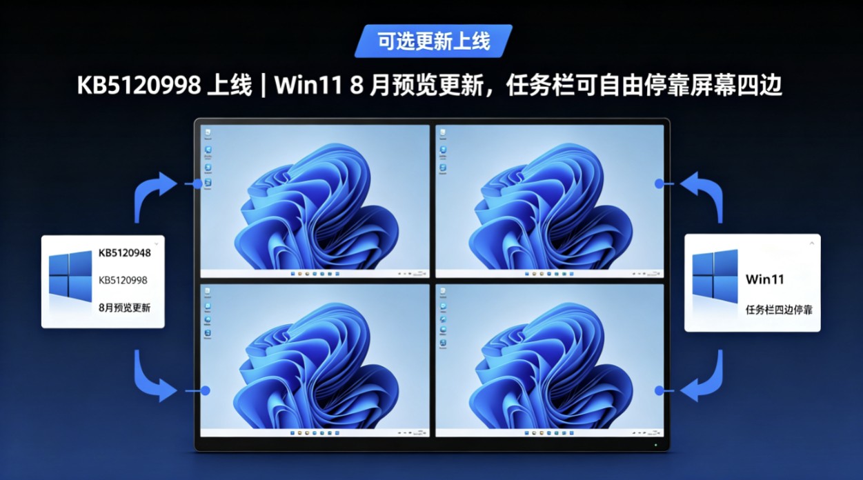 KB5120998 上线|Win11 8月预览更新,任务栏可自由停靠屏幕四边