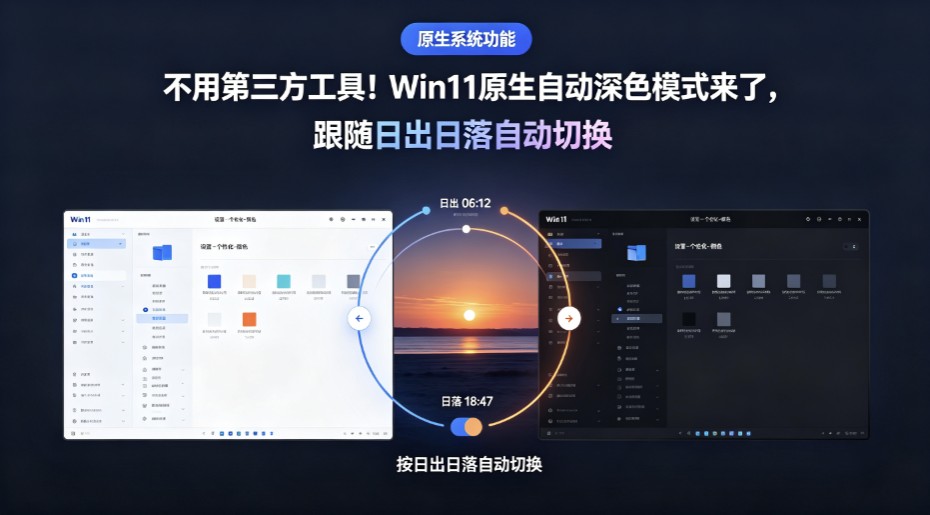 不用第三方工具!Win11原生自动深色模式来了,跟随日出日落自动切换