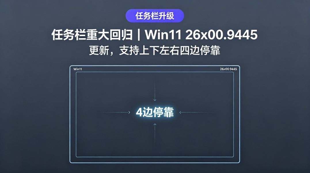 任务栏重大回归|Win11 26x00.9445更新,支持上下左右四边停靠