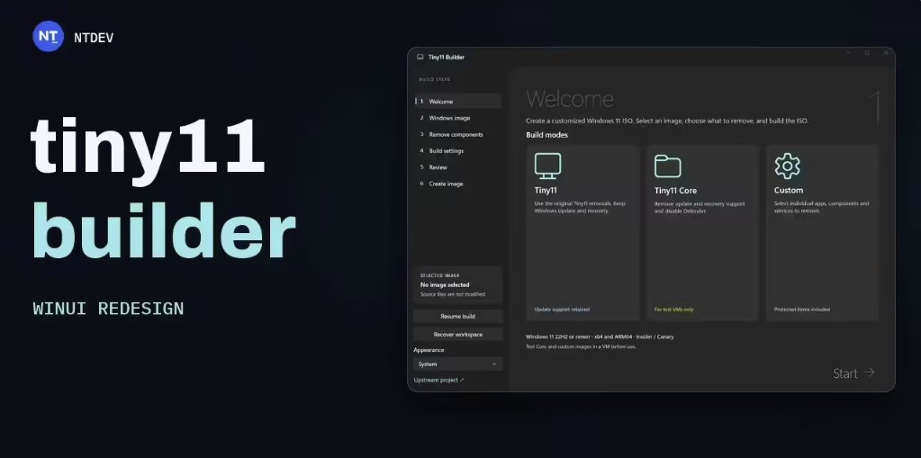 界面大改版!Tiny11 Builder WinUI3 重构,支持制作 Win11 26H2 精简镜像